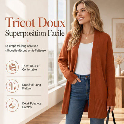 🎁Soldes ! Prix cassés🌍Gilet en maille femme mi-long à ouverture devant avec poignets côtes