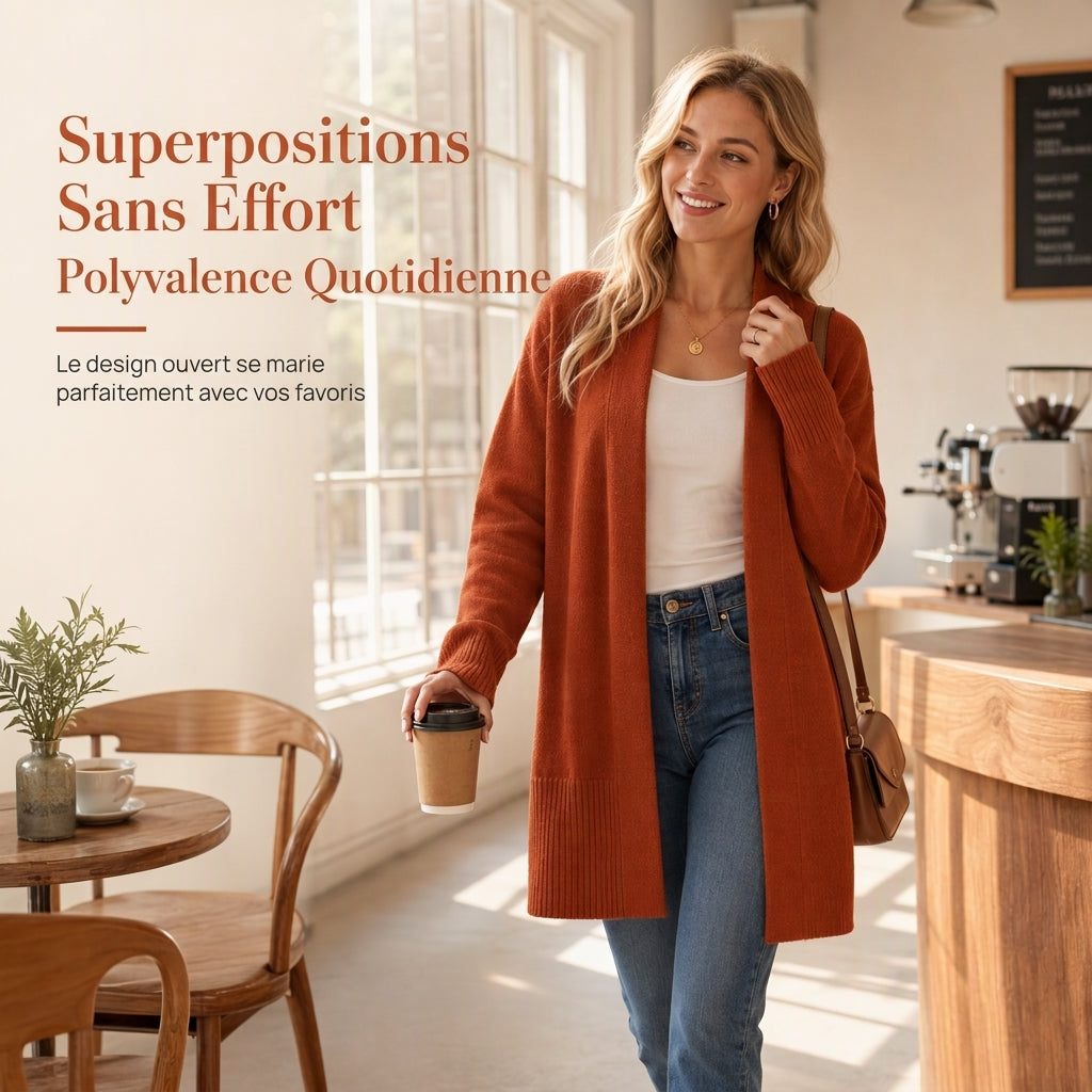 🎁Soldes ! Prix cassés🌍Gilet en maille femme mi-long à ouverture devant avec poignets côtes