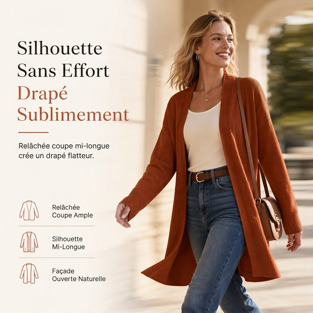 🎁Soldes ! Prix cassés🌍Gilet en maille femme mi-long à ouverture devant avec poignets côtes