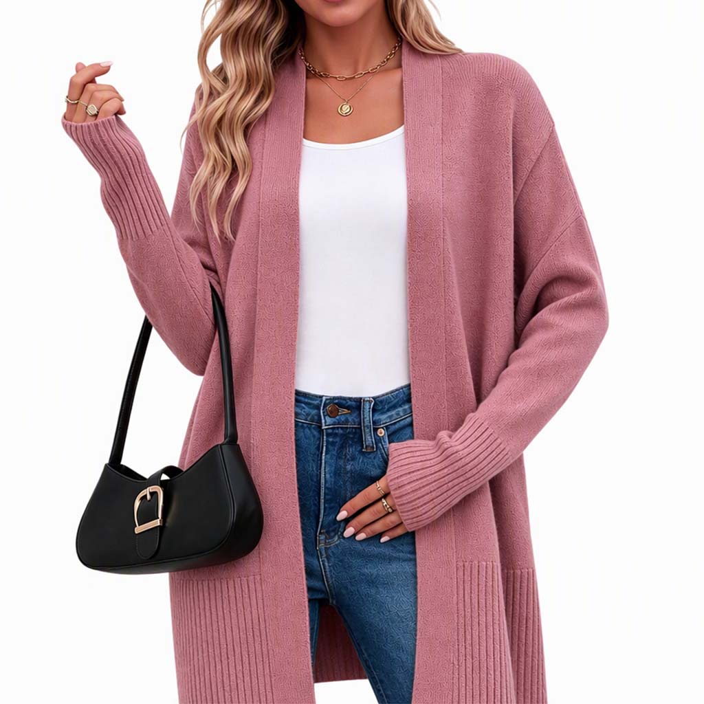 🎁Soldes ! Prix cassés🌍Gilet en maille femme mi-long à ouverture devant avec poignets côtes