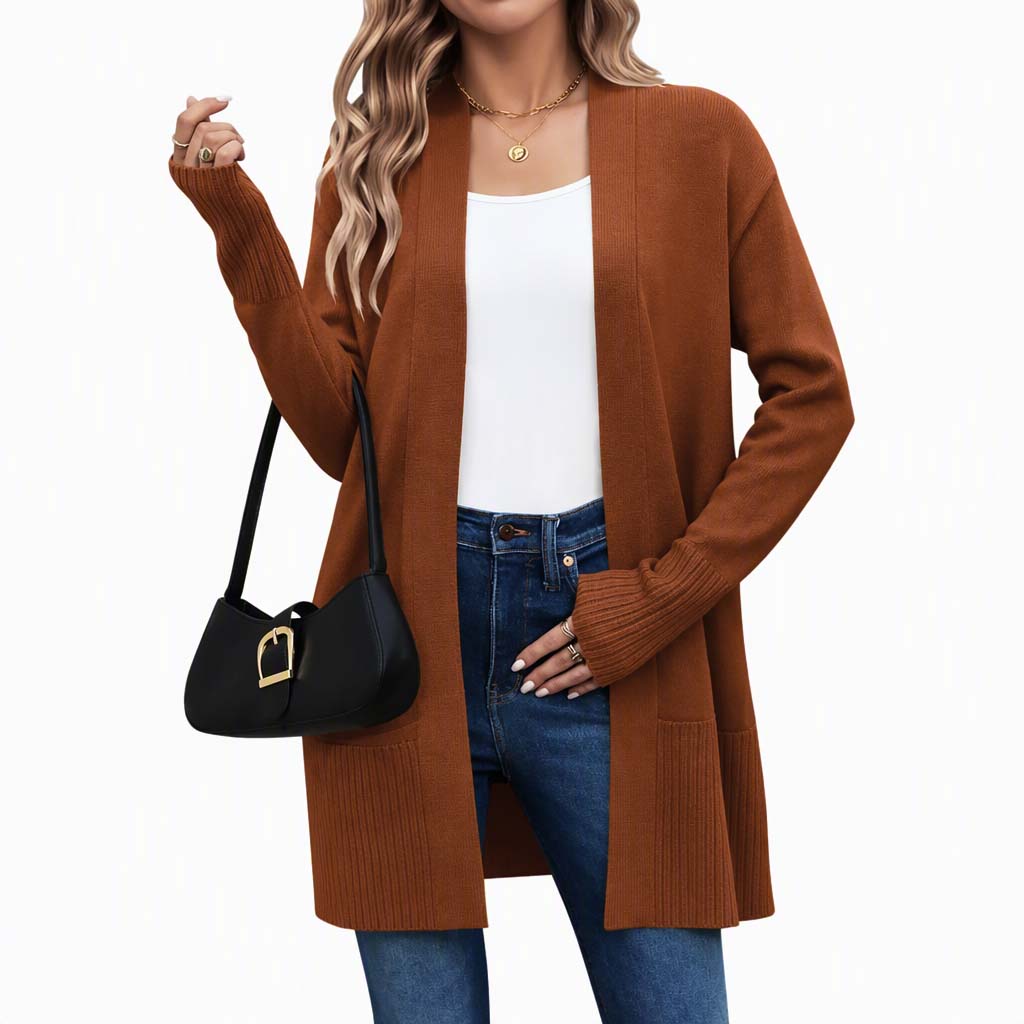 🎁Soldes ! Prix cassés🌍Gilet en maille femme mi-long à ouverture devant avec poignets côtes