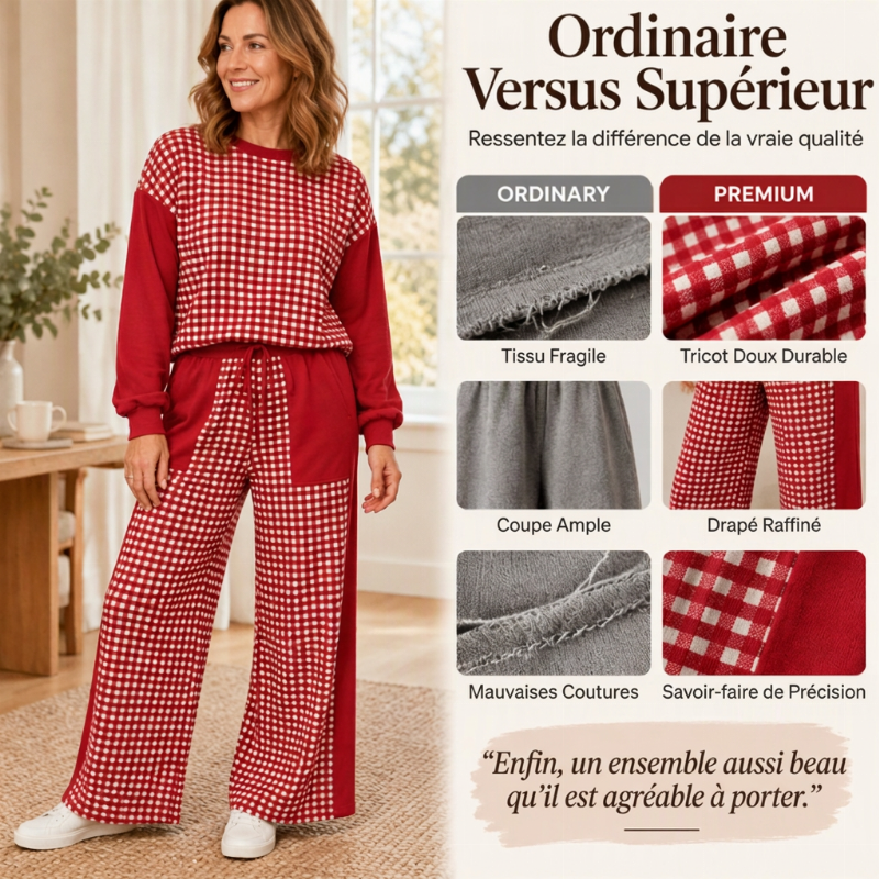 Ensemble Femme Haut à Manches Longues à Carreaux Carreaux Et Pantalon à Jambe Large