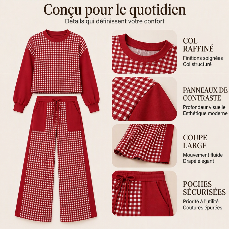 Ensemble Femme Haut à Manches Longues à Carreaux Carreaux Et Pantalon à Jambe Large