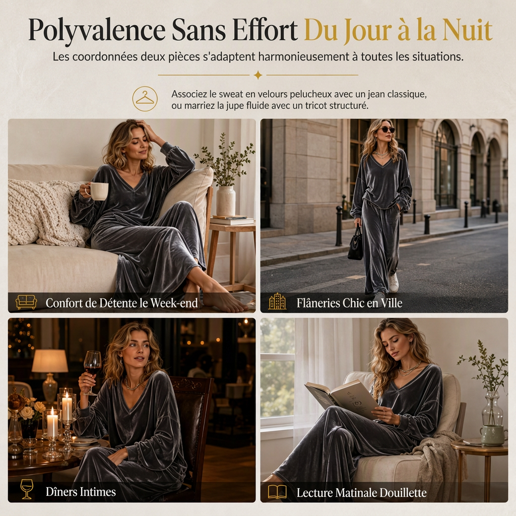 Ensemble deux pièces en velours de couleur unie pour femme, avec sweat à col V profond et coupe ample et jupe longue évasée