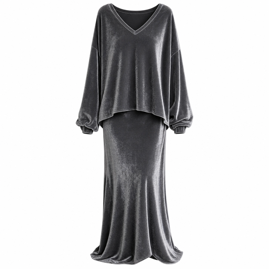 Ensemble deux pièces en velours de couleur unie pour femme, avec sweat à col V profond et coupe ample et jupe longue évasée