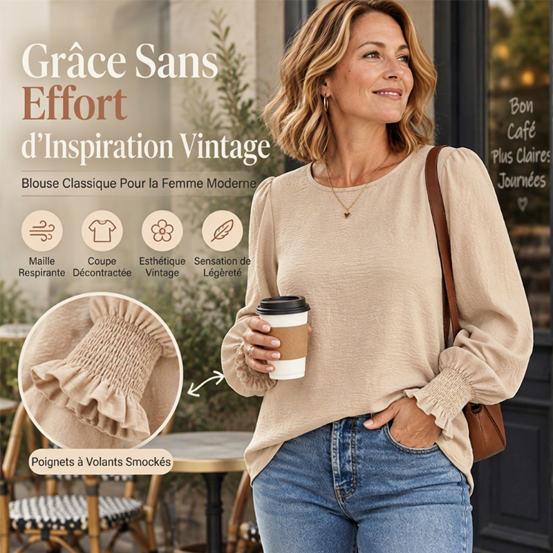 👜 -50 % sur toute la mode femme ! ✨Haut élégant pour femme avec col rond et poignets smockés