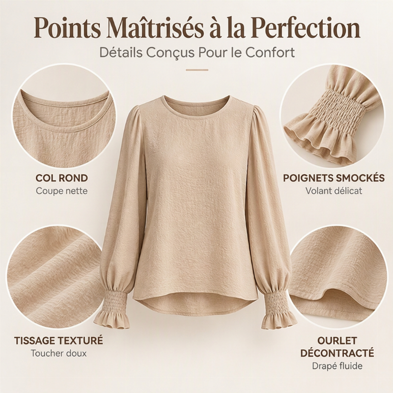 👜 -50 % sur toute la mode femme ! ✨Haut élégant pour femme avec col rond et poignets smockés