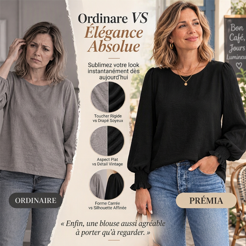 👜 -50 % sur toute la mode femme ! ✨Haut élégant pour femme avec col rond et poignets smockés