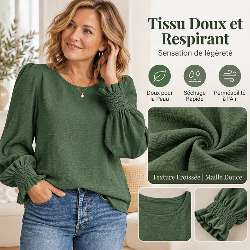 👜 -50 % sur toute la mode femme ! ✨Haut élégant pour femme avec col rond et poignets smockés