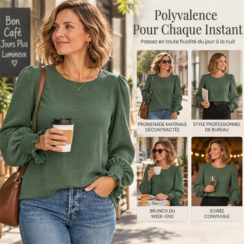 👜 -50 % sur toute la mode femme ! ✨Haut élégant pour femme avec col rond et poignets smockés