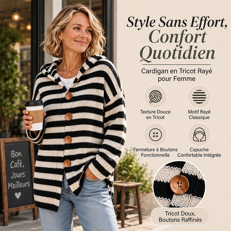👜 -50 % sur toute la mode femme ! ✨Cardigan en tricot à capuche rayé pour femme