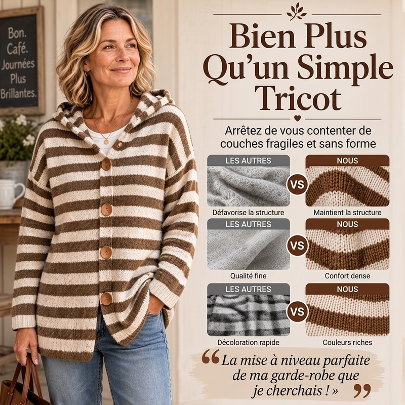 👜 -50 % sur toute la mode femme ! ✨Cardigan en tricot à capuche rayé pour femme