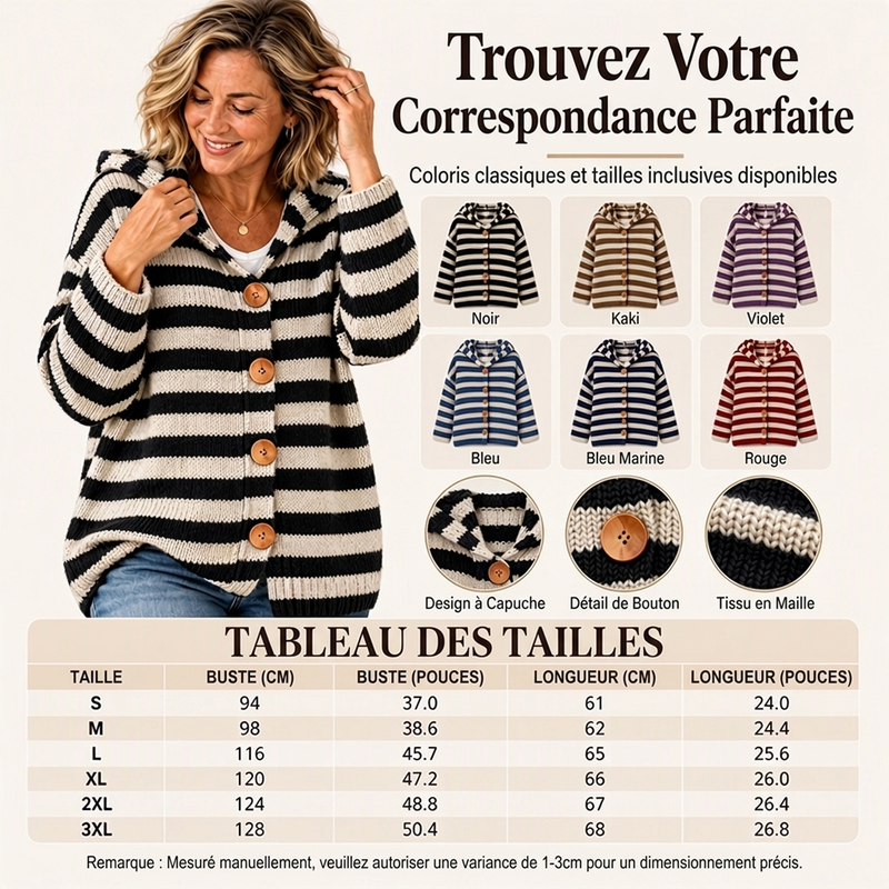 👜 -50 % sur toute la mode femme ! ✨Cardigan en tricot à capuche rayé pour femme