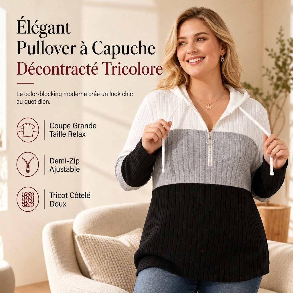 Sweat-shirt à capuche à demi-zip et cordon de serrage pour femmes grandes tailles, bloc de couleurs