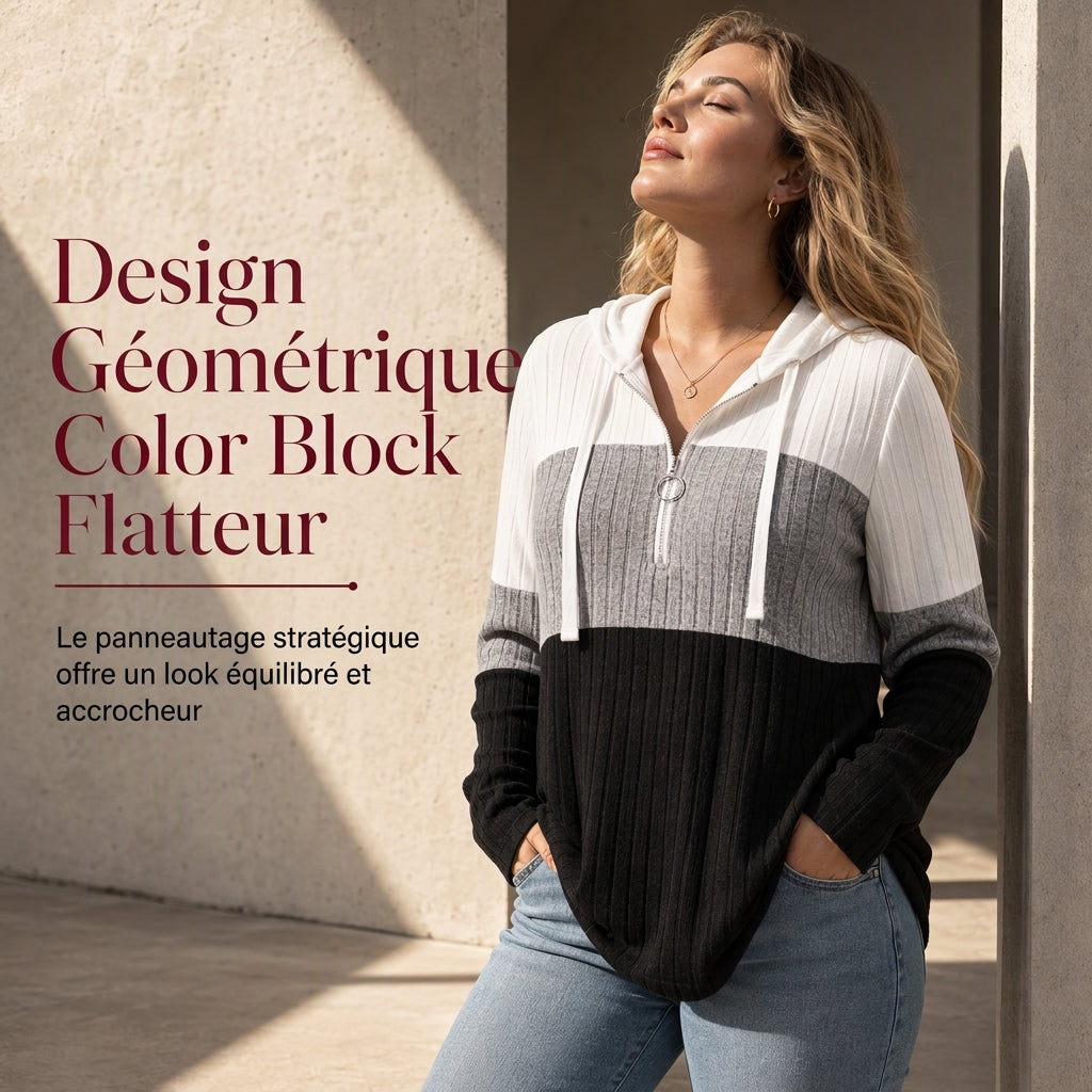 Sweat-shirt à capuche à demi-zip et cordon de serrage pour femmes grandes tailles, bloc de couleurs