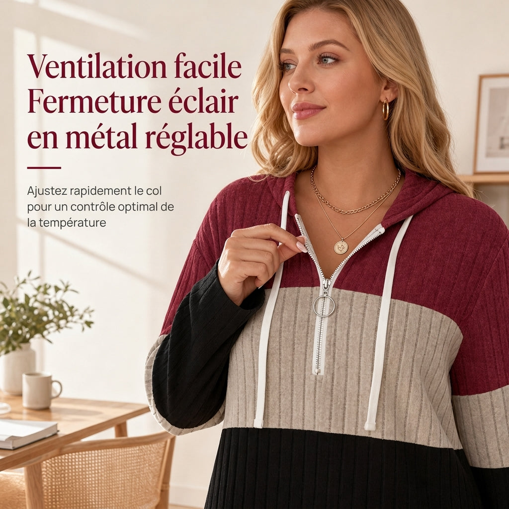 Sweat-shirt à capuche à demi-zip et cordon de serrage pour femmes grandes tailles, bloc de couleurs