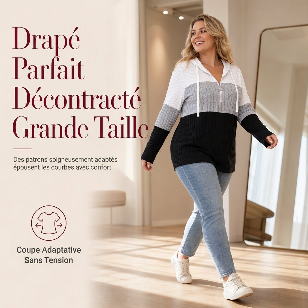 Sweat-shirt à capuche à demi-zip et cordon de serrage pour femmes grandes tailles, bloc de couleurs