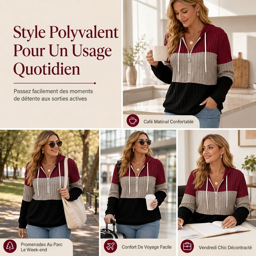 Sweat-shirt à capuche à demi-zip et cordon de serrage pour femmes grandes tailles, bloc de couleurs