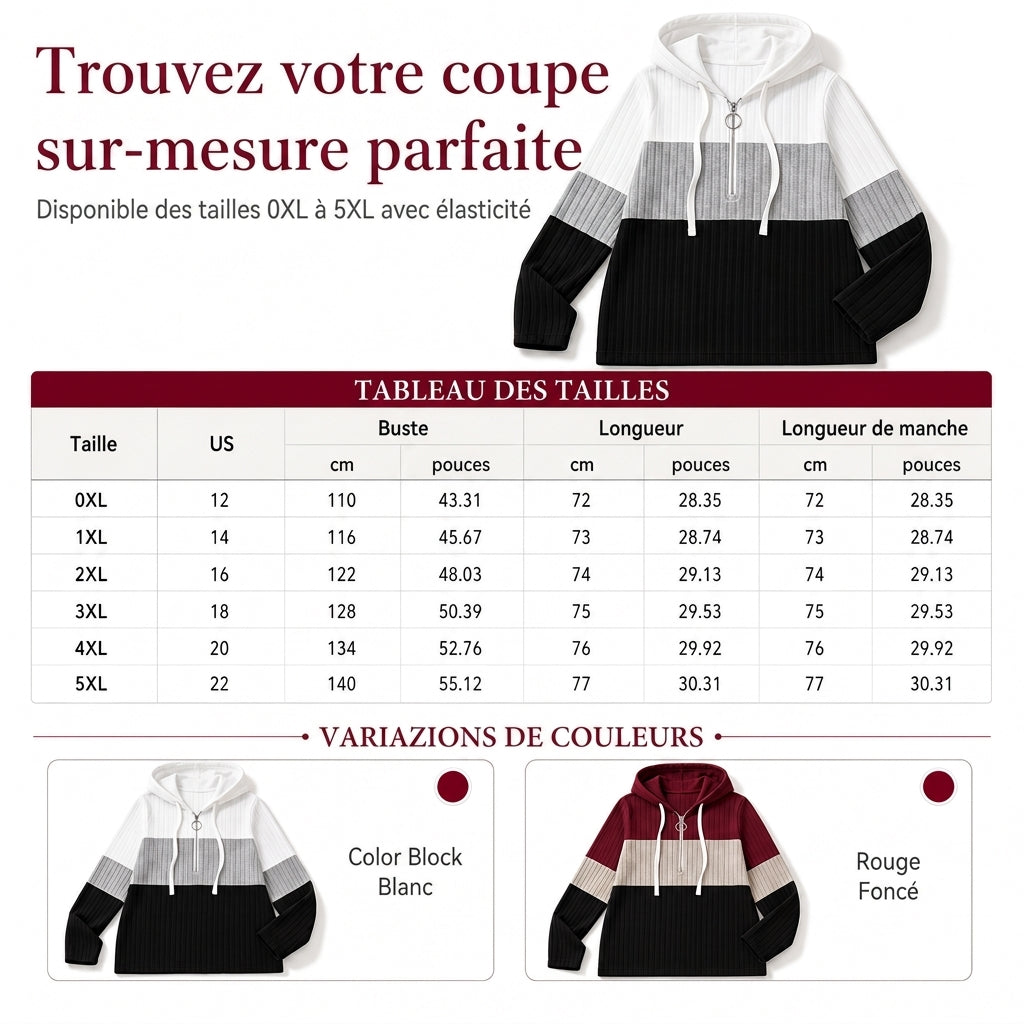 Sweat-shirt à capuche à demi-zip et cordon de serrage pour femmes grandes tailles, bloc de couleurs