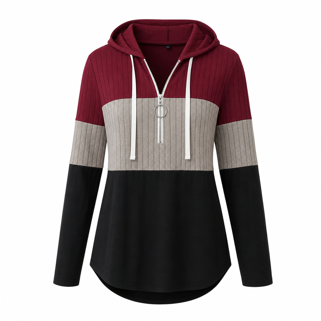 Sweat-shirt à capuche à demi-zip et cordon de serrage pour femmes grandes tailles, bloc de couleurs