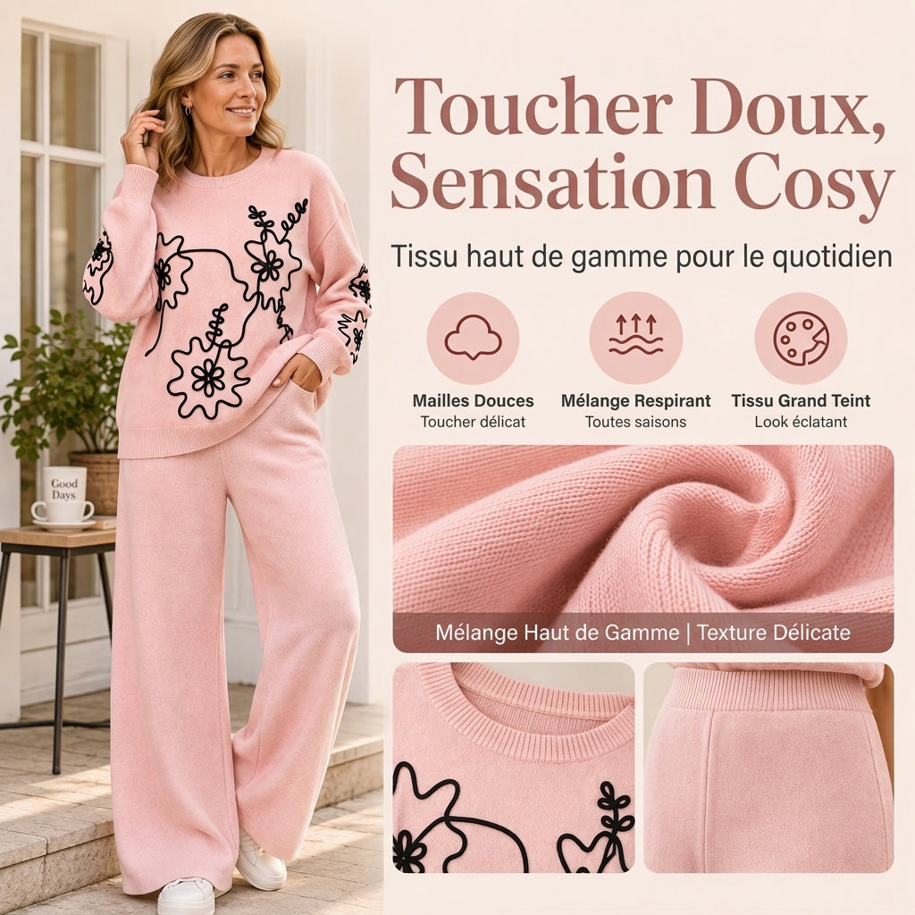 🎁Soldes ! Prix cassés🌍Ensemble pull en col rond en maille pour femme et pantalon à jambes larges