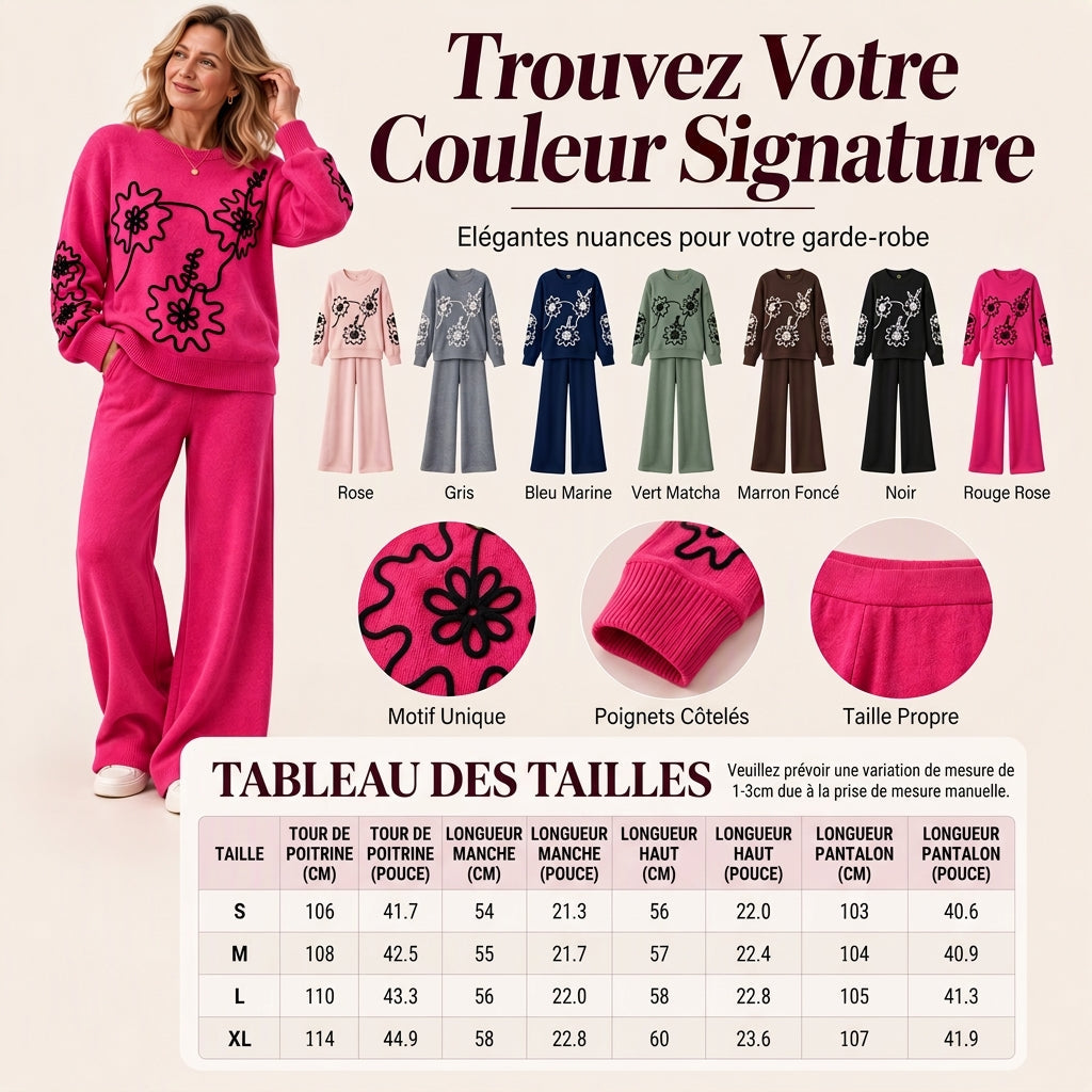 🎁Soldes ! Prix cassés🌍Ensemble pull en col rond en maille pour femme et pantalon à jambes larges