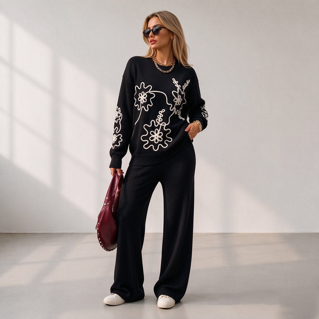 🎁Soldes ! Prix cassés🌍Ensemble pull en col rond en maille pour femme et pantalon à jambes larges
