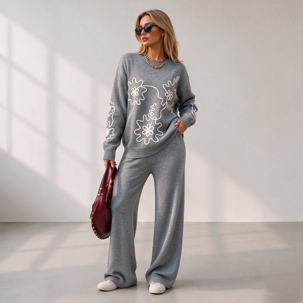 🎁Soldes ! Prix cassés🌍Ensemble pull en col rond en maille pour femme et pantalon à jambes larges