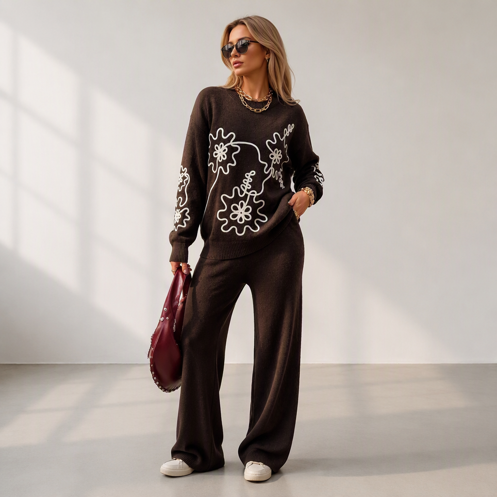 🎁Soldes ! Prix cassés🌍Ensemble pull en col rond en maille pour femme et pantalon à jambes larges