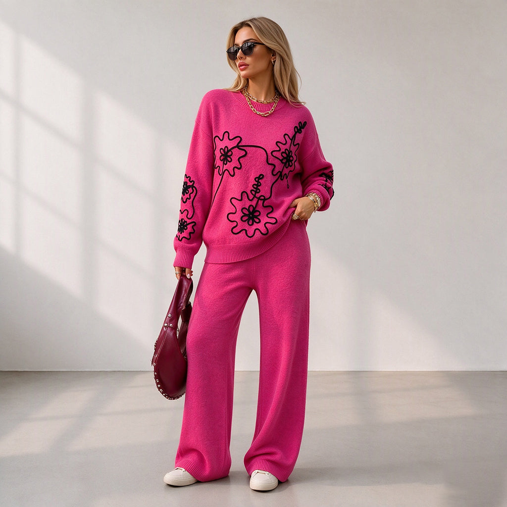 🎁Soldes ! Prix cassés🌍Ensemble pull en col rond en maille pour femme et pantalon à jambes larges
