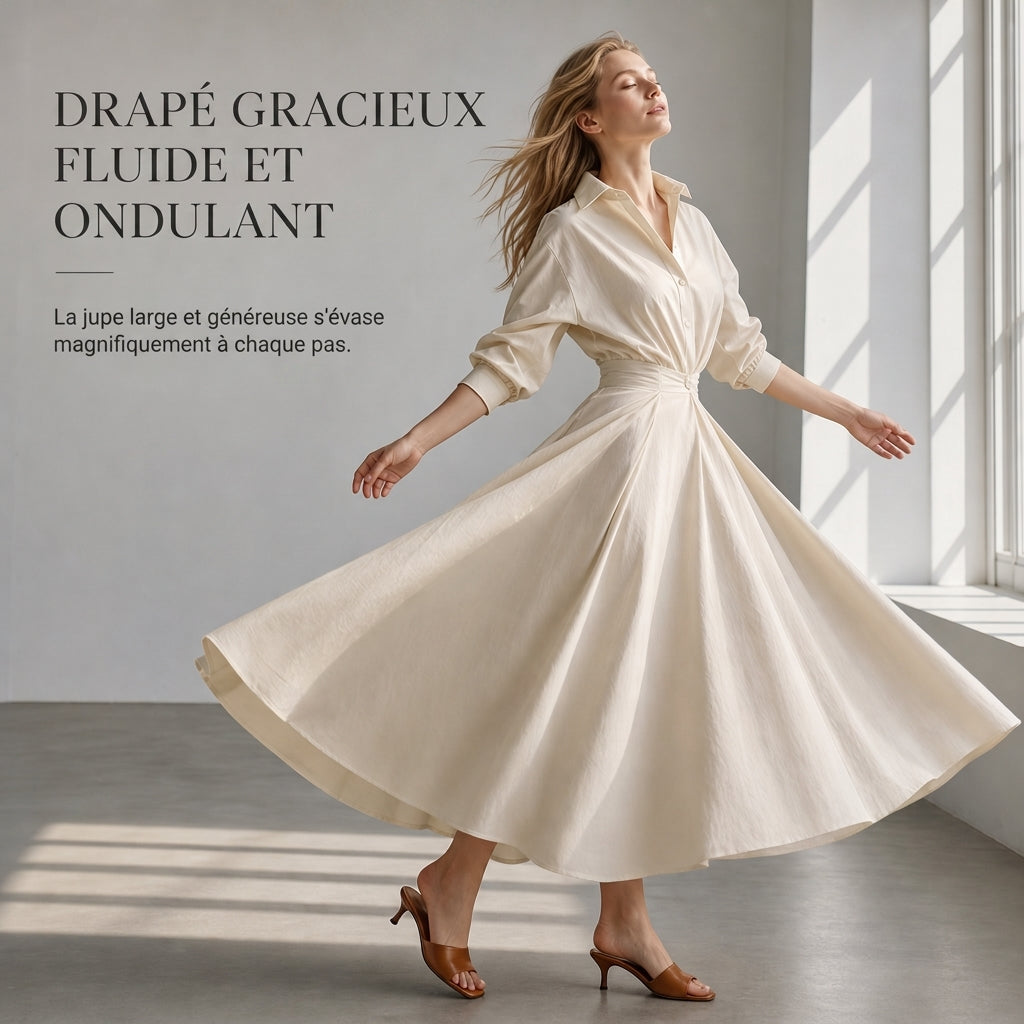 Robe chemise élégante en coton et lin à couleur unie pour femme, avec col rabattu, taille élastique et ourlet évasé