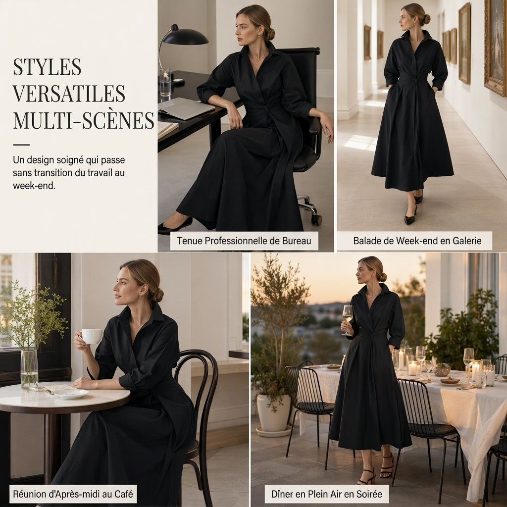 Robe chemise élégante en coton et lin à couleur unie pour femme, avec col rabattu, taille élastique et ourlet évasé
