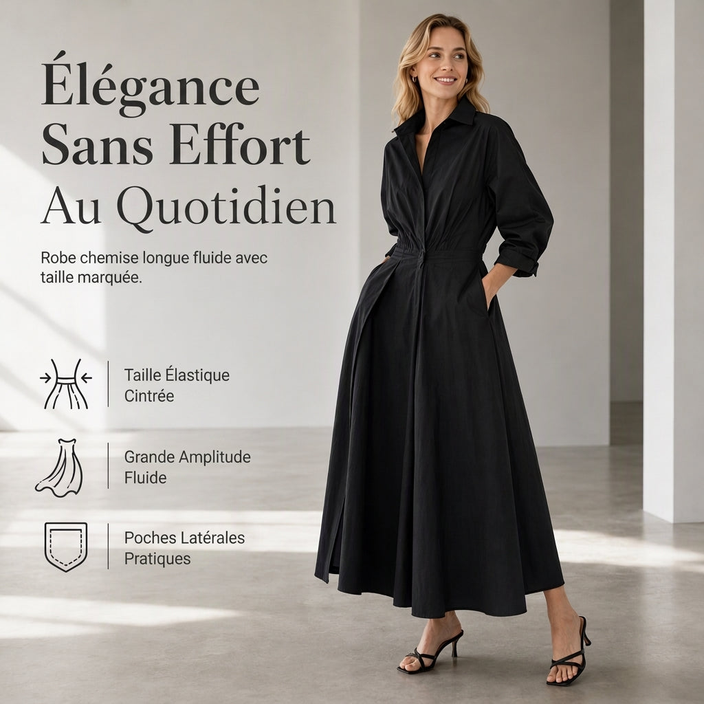 Robe chemise élégante en coton et lin à couleur unie pour femme, avec col rabattu, taille élastique et ourlet évasé