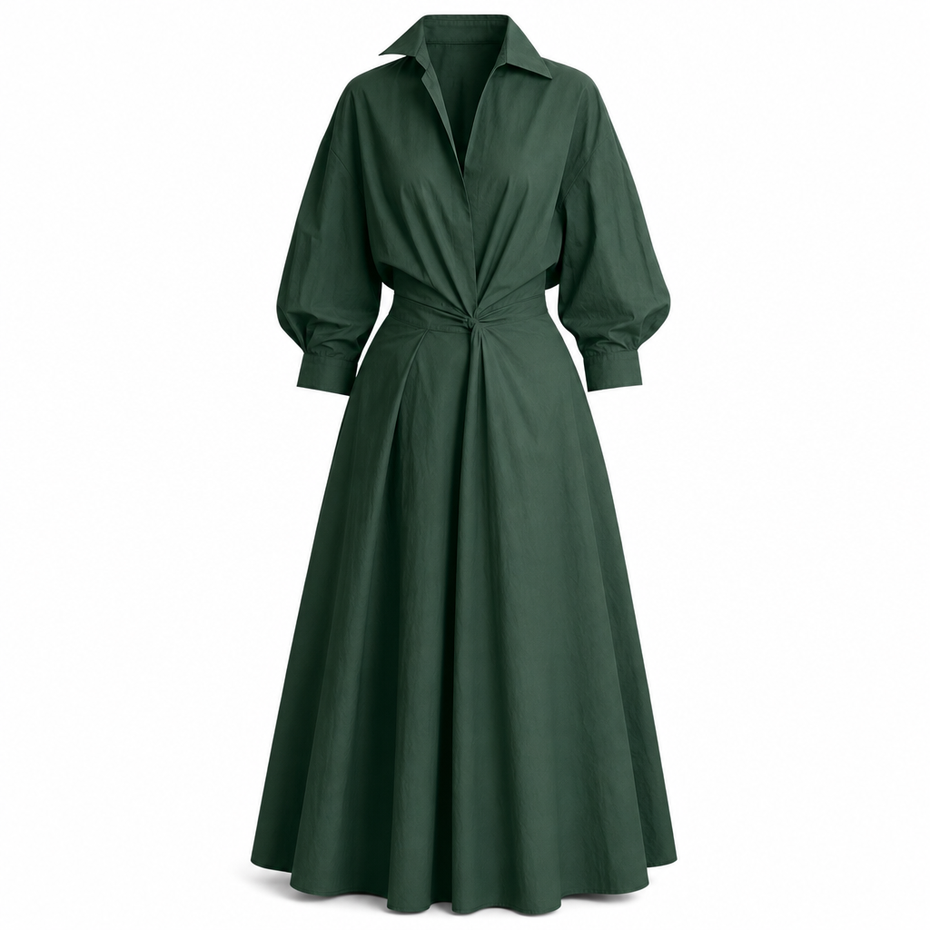Robe chemise élégante en coton et lin à couleur unie pour femme, avec col rabattu, taille élastique et ourlet évasé