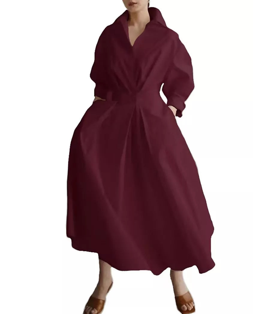 Robe chemise élégante en coton et lin à couleur unie pour femme, avec col rabattu, taille élastique et ourlet évasé