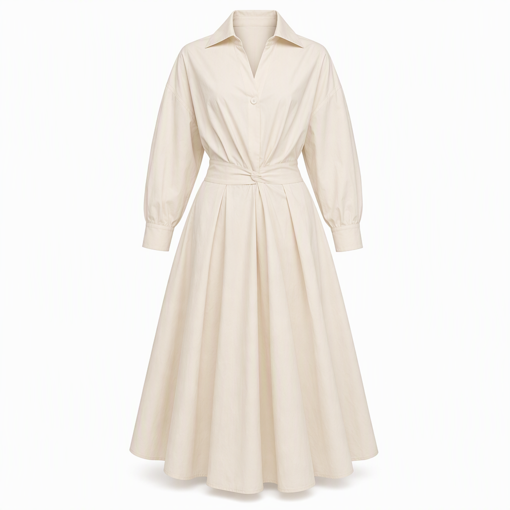Robe chemise élégante en coton et lin à couleur unie pour femme, avec col rabattu, taille élastique et ourlet évasé