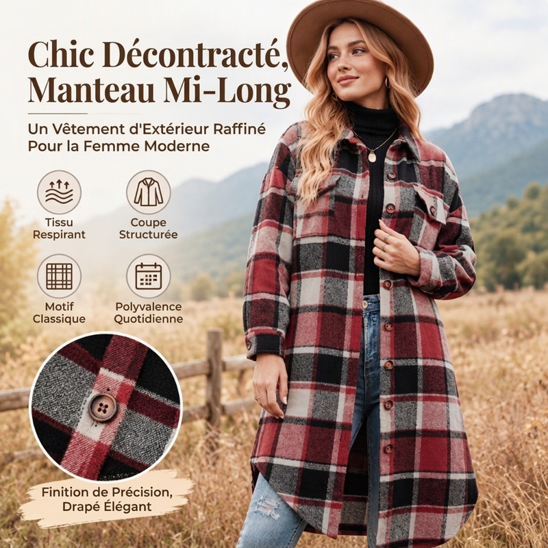 Longue chemise-veste à carreaux décontractée pour femmes, avec fente latérale