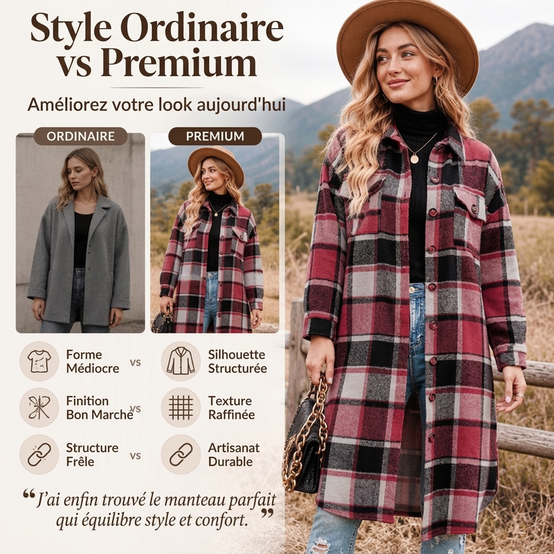 Longue chemise-veste à carreaux décontractée pour femmes, avec fente latérale