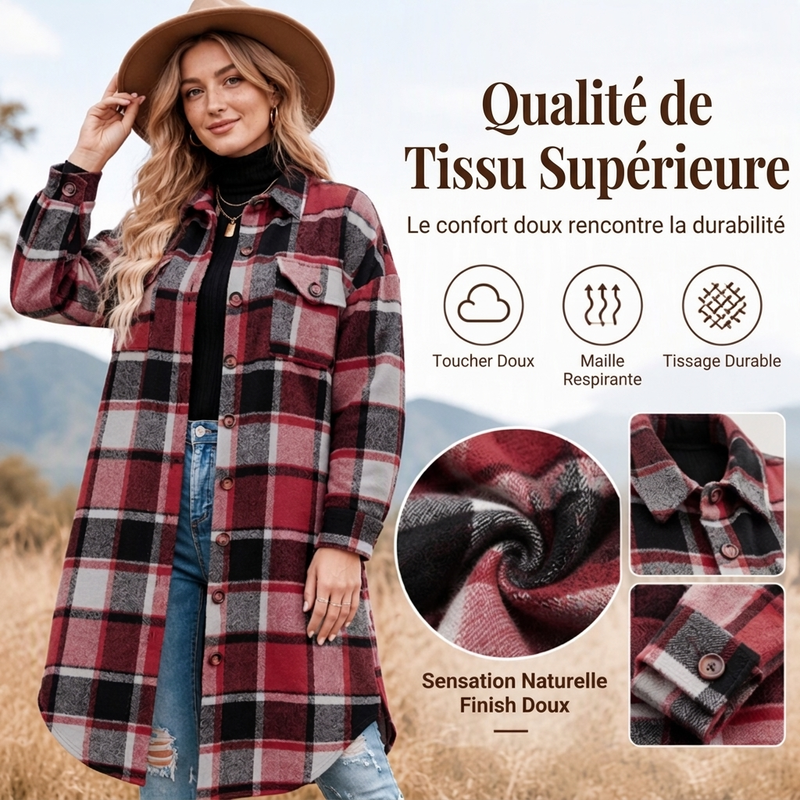 Longue chemise-veste à carreaux décontractée pour femmes, avec fente latérale