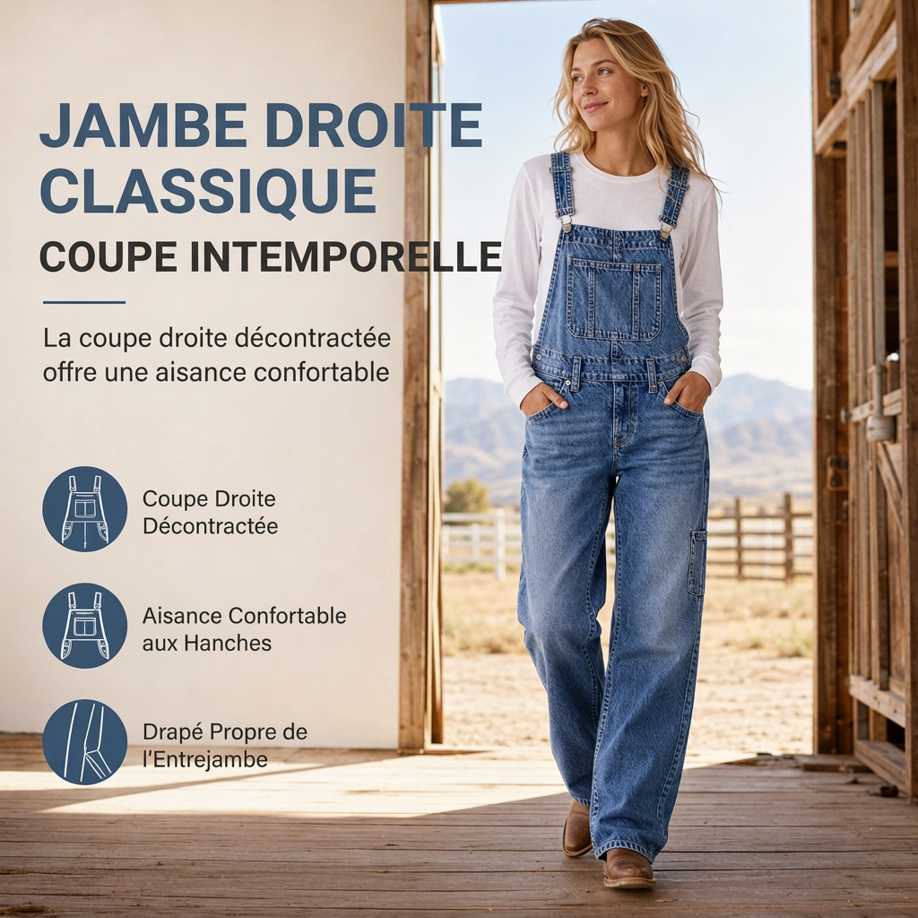 Salopette en denim extensible pour femme, pantalon à jambes larges avec bretelles réglables