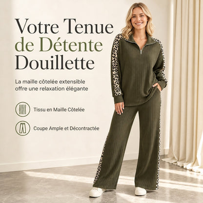 Ensemble de vêtements de détente en maille côtelée pour femme, composé d'un pull à col zippé et d'un pantalon à jambe large, avec des panneaux décoratifs à imprimé léopard