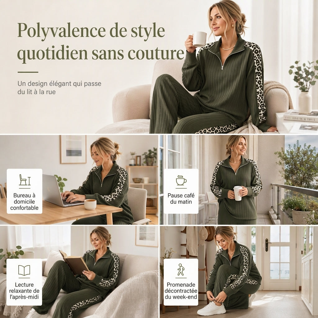 Ensemble de vêtements de détente en maille côtelée pour femme, composé d'un pull à col zippé et d'un pantalon à jambe large, avec des panneaux décoratifs à imprimé léopard