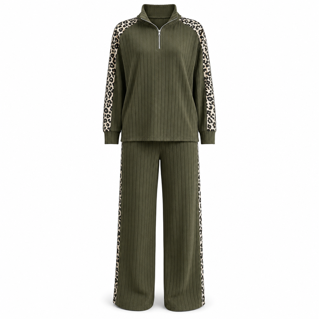 Ensemble de vêtements de détente en maille côtelée pour femme, composé d'un pull à col zippé et d'un pantalon à jambe large, avec des panneaux décoratifs à imprimé léopard