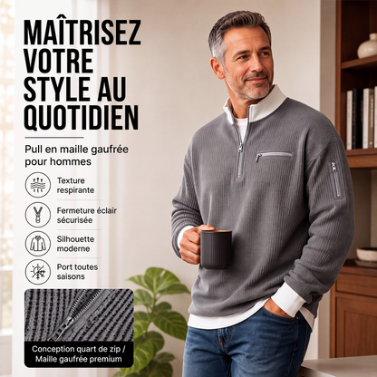 ⏳Liquidation totale⏳Sweatshirt décontracté pour homme en tissu nid d'abeille avec zip au quart