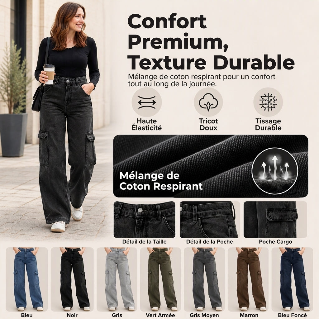 👜 -50 % sur toute la mode femme ! ✨Pantalon cargo en denim stretch taille haute pour femme