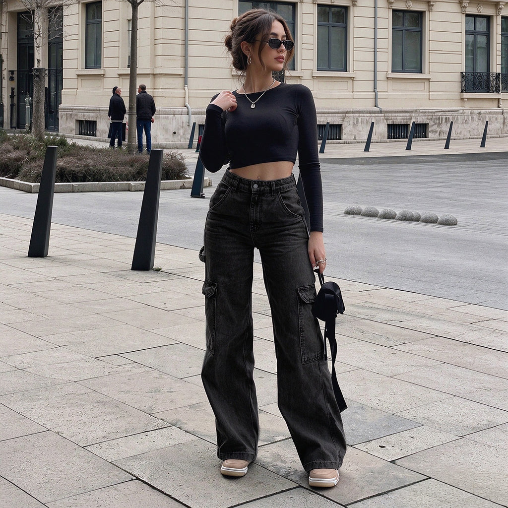 👜 -50 % sur toute la mode femme ! ✨Pantalon cargo en denim stretch taille haute pour femme