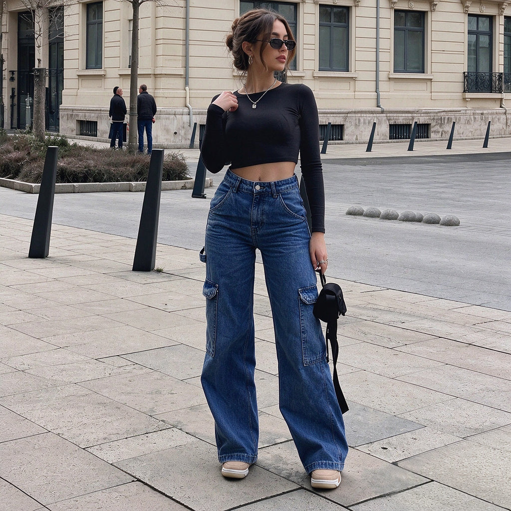 👜 -50 % sur toute la mode femme ! ✨Pantalon cargo en denim stretch taille haute pour femme