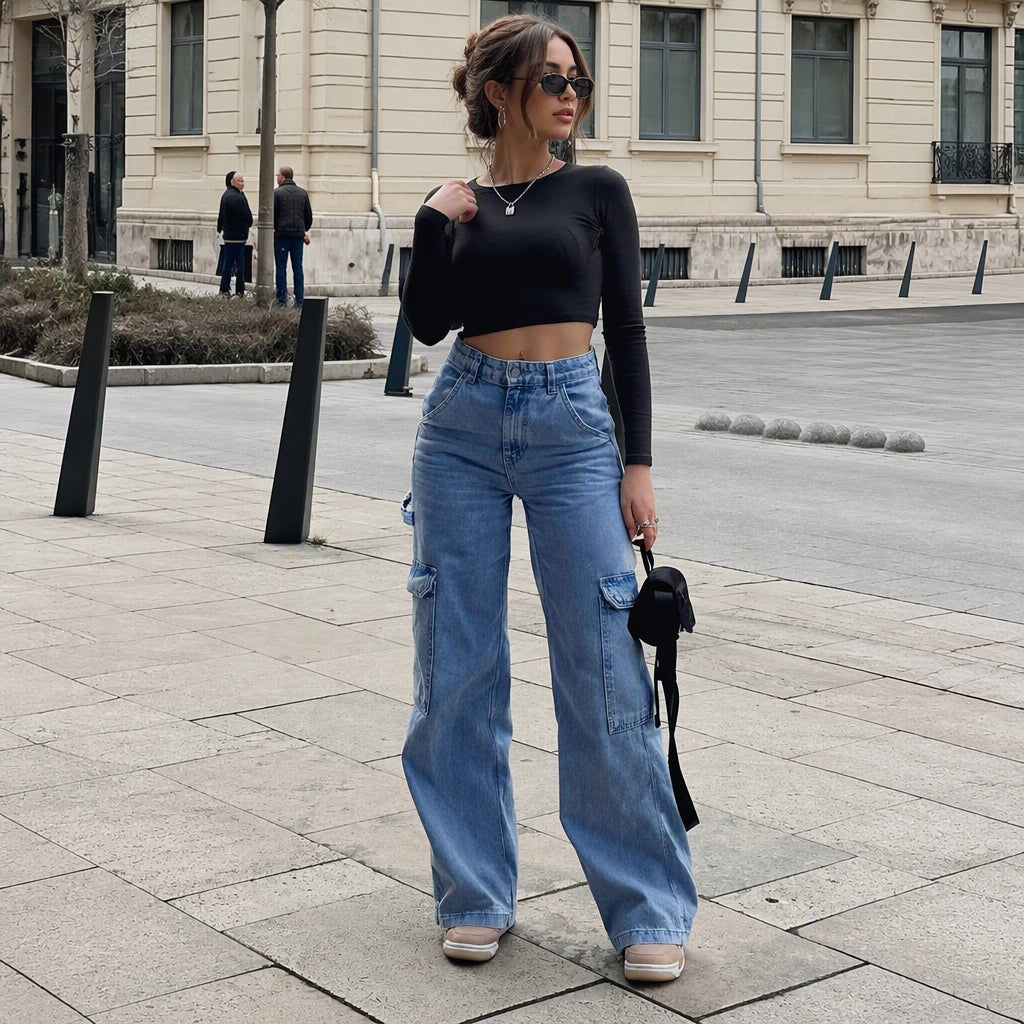 👜 -50 % sur toute la mode femme ! ✨Pantalon cargo en denim stretch taille haute pour femme