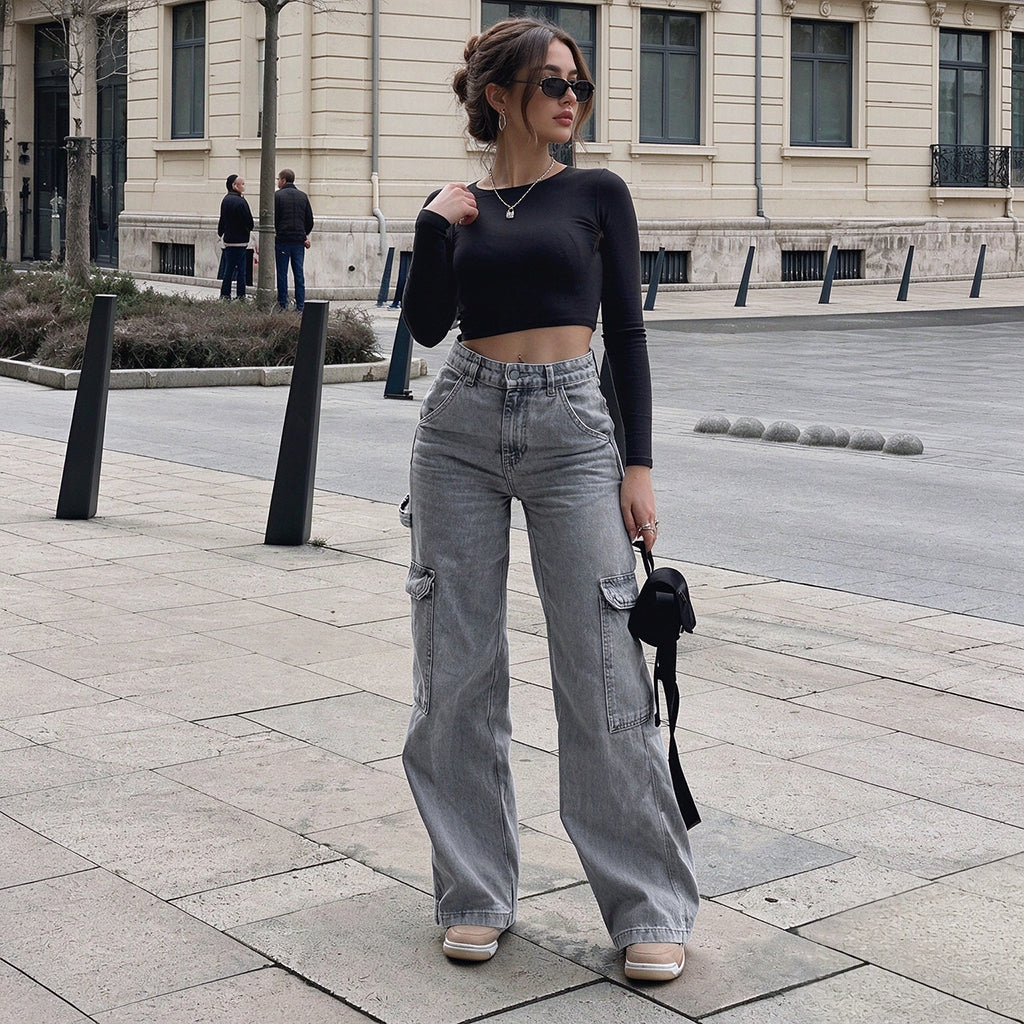 👜 -50 % sur toute la mode femme ! ✨Pantalon cargo en denim stretch taille haute pour femme