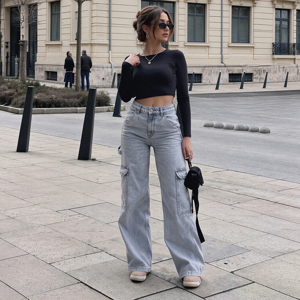 👜 -50 % sur toute la mode femme ! ✨Pantalon cargo en denim stretch taille haute pour femme